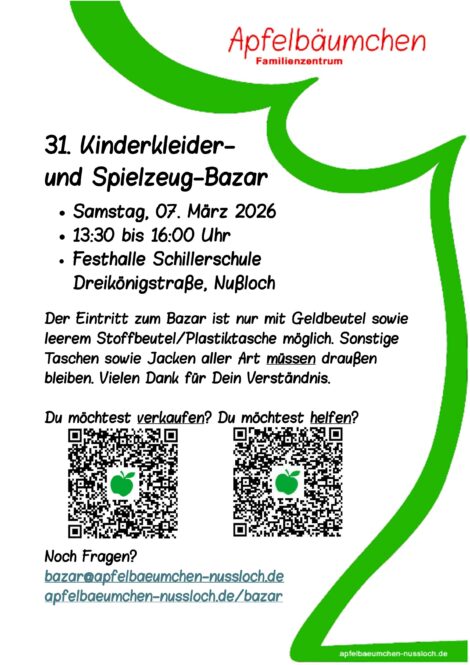 31. Kinderkleider und Spielzeugbazar des Apfelbäumchen Nußloch e.V.