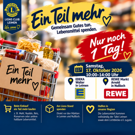 „Ein Teil mehr“: Lions Club Leimen bittet am Samstag um Lebensmittelspenden